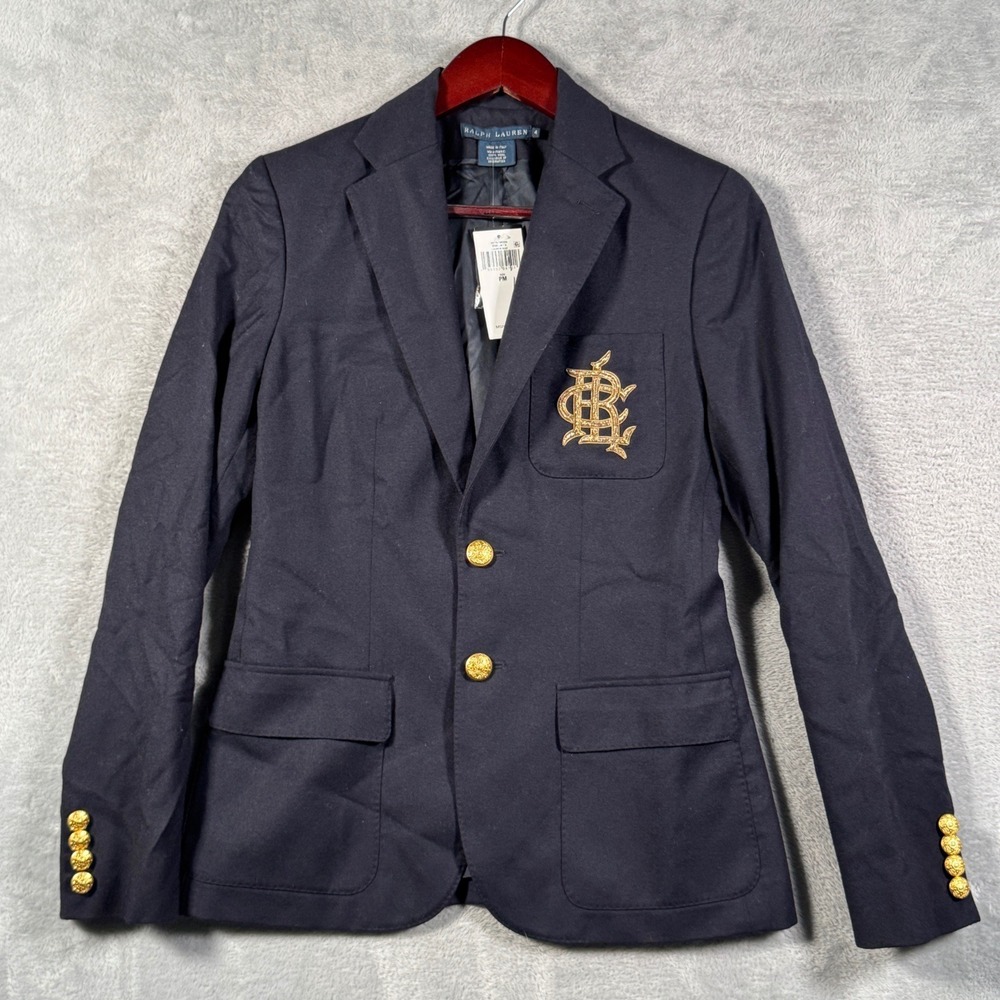 Ralph Lauren Blazer Womens 4 Navy Wool Gold Button Bullion Crest